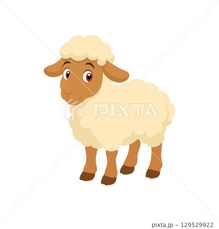 Cartoon sheep with fluffy fleece and brown markings, isolated on white backdrop. Cute animal illustration. 129529922
