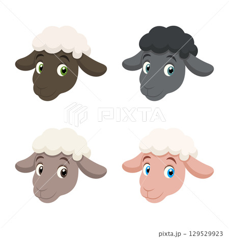 Four cartoon sheep heads with different colors and styles, isolated on a clean white background. Four cartoon sheep heads with different colors and styles, isolated on a clean white background. 129529923