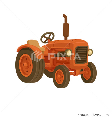 An orange vintage tractor with large back tires and a seat, prepared for working in the fields. An orange vintage tractor with large back tires and a seat, prepared for working in the fields. 129529929