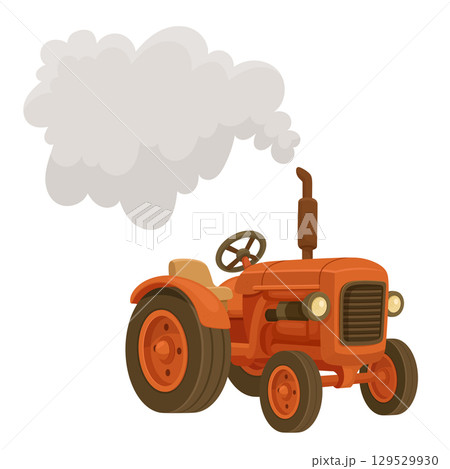 Vintage orange tractor with smoke coming from the exhaust. Farming and agriculture equipment. Vintage orange tractor with smoke coming from the exhaust. Farming and agriculture equipment. 129529930