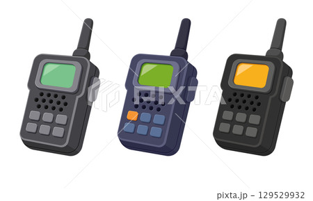 Illustration showcasing a trio of handheld two-way radios with varying colors and screen displays. 129529932