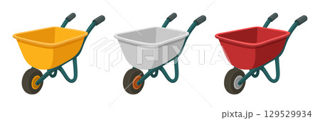 Three wheelbarrows stand side-by-side, each a different color - yellow, white, and red, ready for use. 129529934