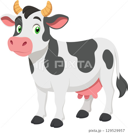 Cartoon cow with black and white spots, friendly expression, isolated on transparent background. Cartoon cow with black and white spots, friendly expression, isolated on transparent background. 129529957