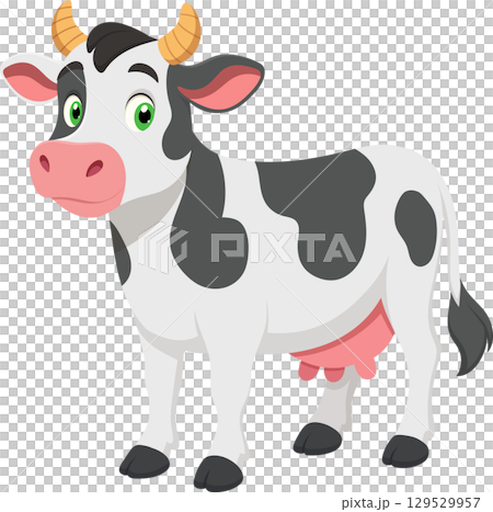 Cartoon cow with black and white spots, friendly expression, isolated on transparent background. Cartoon cow with black and white spots, friendly expression, isolated on transparent background. 129529957
