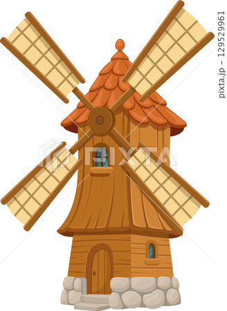 Charming cartoon-style windmill with a wooden facade and rustic stone foundation. Four sails at the top. 129529961