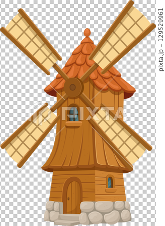 Charming cartoon-style windmill with a wooden facade and rustic stone foundation. Four sails at the top. 129529961