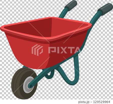 Red wheelbarrow with a single wheel, teal handles, and a red bed is ready for gardening projects. Red wheelbarrow with a single wheel, teal handles, and a red bed is ready for gardening projects. 129529964