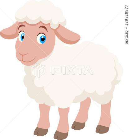Cartoon sheep illustration with fluffy wool and a friendly expression. A simple and cute design. 129529977