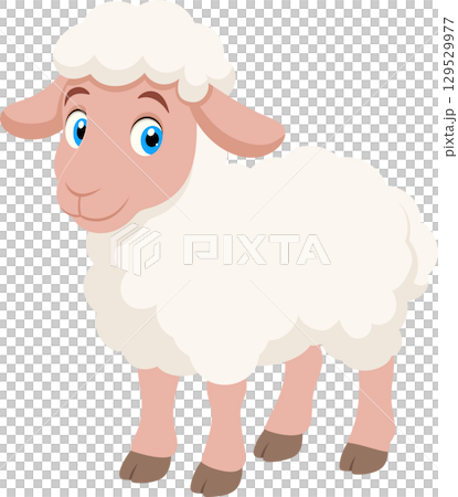 Cartoon sheep illustration with fluffy wool and a friendly expression. A simple and cute design. 129529977