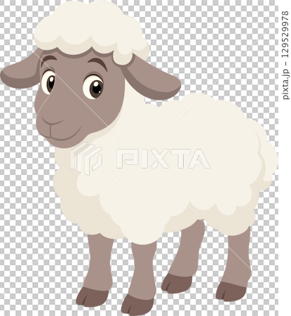Cartoon depiction of a fluffy sheep standing on its four legs, set against a solid black background. 129529978