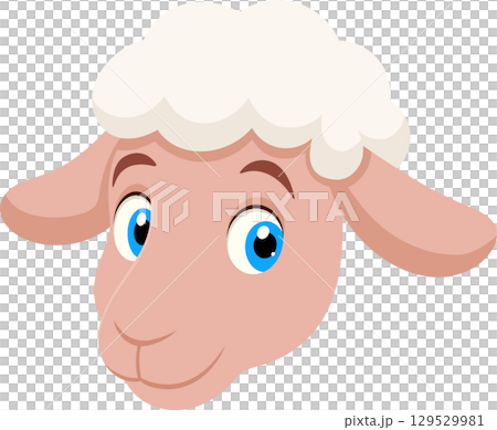 Cartoon-style illustration of a sheep's head with big blue eyes and fluffy white wool, isolated on black. 129529981