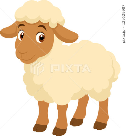 Illustration of a cute sheep with woolly fleece and brown legs standing against a black background. 129529987