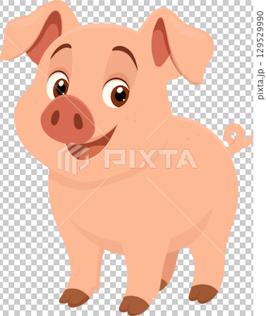 Smiling cartoon pig with a curly tail, pink skin, and brown hooves. Cheerful farm animal illustration. Smiling cartoon pig with a curly tail, pink skin, and brown hooves. Cheerful farm animal illustration. 129529990