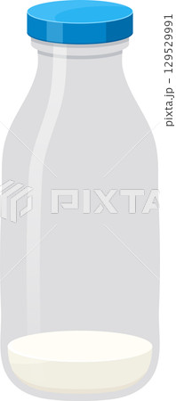 Simple graphic of a glass bottle with a small amount of white liquid and a blue lid. Clean design. 129529991
