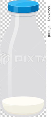 Simple graphic of a glass bottle with a small amount of white liquid and a blue lid. Clean design. Simple graphic of a glass bottle with a small amount of white liquid and a blue lid. Clean design. 129529991