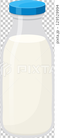 Glass bottle with milk, sealed with a blue cap, showcasing a classic and pure dairy image. Freshness. 129529994