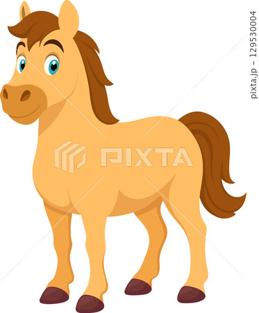 Cartoon horse with a tan body and brown mane and tail standing on a black background, looking alert. 129530004