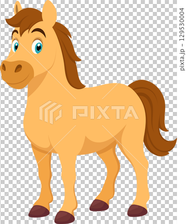 Cartoon horse with a tan body and brown mane and tail standing on a black background, looking alert. 129530004