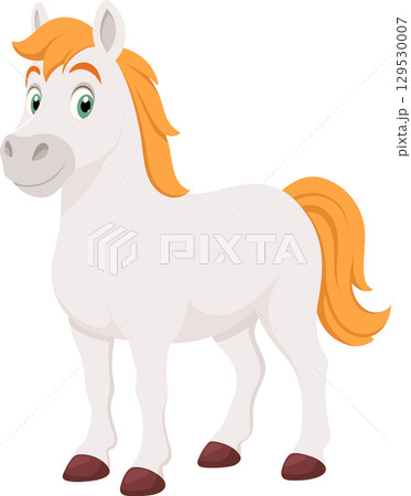Cartoon horse with a white coat, red-brown hooves, and an orange mane standing in an illustration. 129530007
