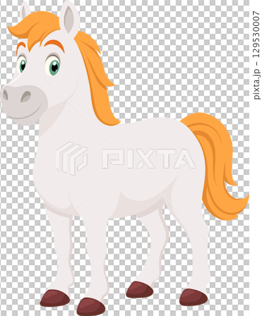 Cartoon horse with a white coat, red-brown hooves, and an orange mane standing in an illustration. 129530007