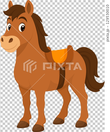 A charming cartoon horse stands saddled, ready for a child's imaginative adventure or western storytime. 129530010