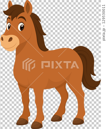 Cartoon illustration of a brown horse with a dark brown mane and tail against a black background. 129530011
