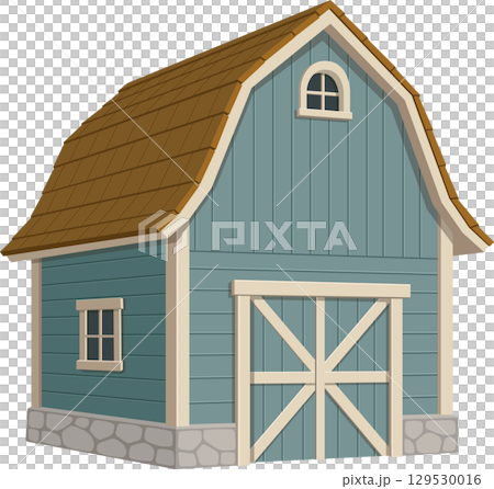 Charming blue barn with brown roof and wooden doors. A quaint agricultural structure in cartoon style. Charming blue barn with brown roof and wooden doors. A quaint agricultural structure in cartoon style. 129530016