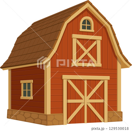 Cartoon farm barn with a gable roof, red siding, and tan trim. Classic barn illustration. 129530018