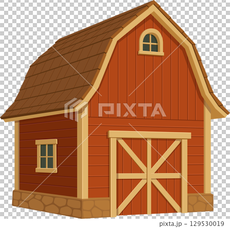 Charming cartoon barn with red siding, brown roof, and a classic rural design is set against black background. 129530019