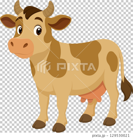 Cartoon cow with tan and brown spots, big eyes, and a friendly expression on a transparent background. Cartoon cow with tan and brown spots, big eyes, and a friendly expression on a transparent background. 129530021