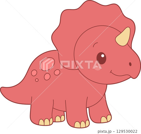 Cartoon illustration of a cute, pink triceratops dinosaur with cream-colored horn on a black background. 129530022