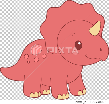 Cartoon illustration of a cute, pink triceratops dinosaur with cream-colored horn on a black background. Cartoon illustration of a cute, pink triceratops dinosaur with cream-colored horn on a black background. 129530022