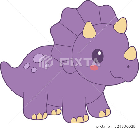Cute cartoon Triceratops with a purple body and yellowish horns and hooves standing on a black background. Cute cartoon Triceratops with a purple body and yellowish horns and hooves standing on a black background. 129530029