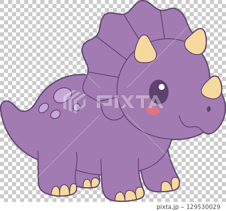 Cute cartoon Triceratops with a purple body and yellowish horns and hooves standing on a black background. 129530029
