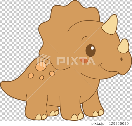 Friendly cartoon Triceratops dinosaur with a cheerful expression and cute design elements on a black background. 129530030