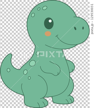 Cute cartoon dinosaur, smiling with big eyes and a round body, isolated on a black background. 129530031