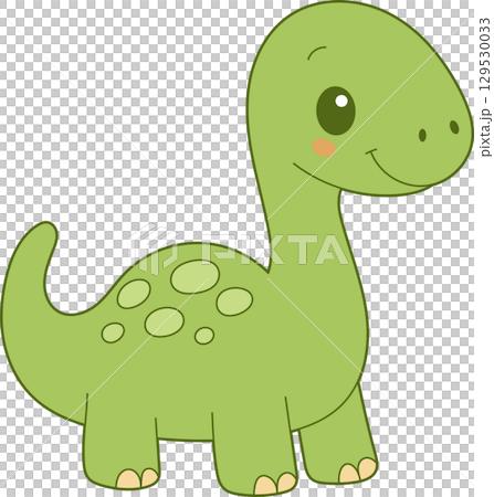 Cute green cartoon dinosaur with spots and a friendly smile isolated on a black background. Cute green cartoon dinosaur with spots and a friendly smile isolated on a black background. 129530033