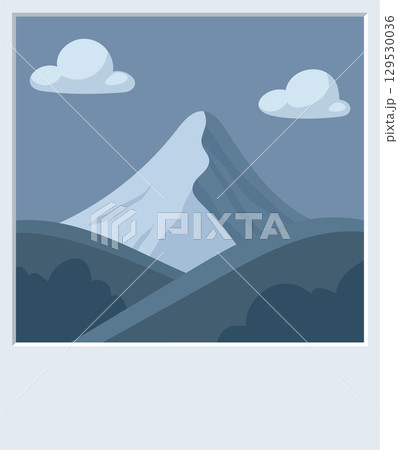 A serene mountain landscape featuring a majestic peak against a cloudy sky in a muted, monochromatic tone. 129530036