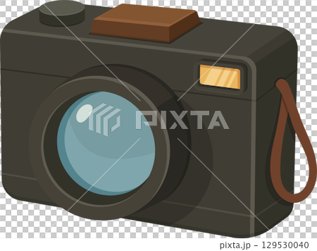 Classic Camera: A vintage-style camera with a lens, flash, and strap for capturing memories. Classic Camera: A vintage-style camera with a lens, flash, and strap for capturing memories. 129530040