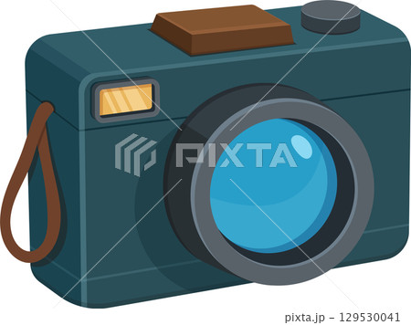 A vintage-style camera illustration with a large lens, strap and flash, evokes nostalgia and classic photography 129530041