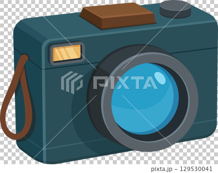 A vintage-style camera illustration with a large lens, strap and flash, evokes nostalgia and classic photography 129530041