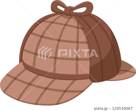 A brown tweed deerstalker hat with a checkered pattern and a ribbon tied at the top, against a black background. 129530067