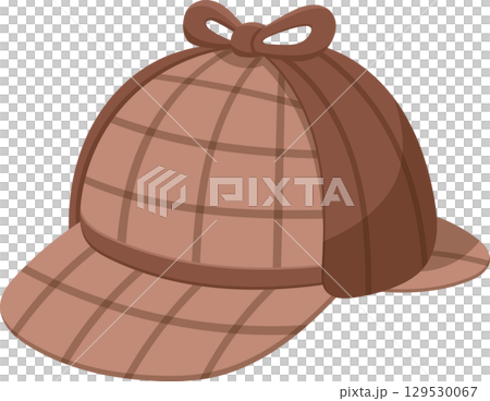 A brown tweed deerstalker hat with a checkered pattern and a ribbon tied at the top, against a black background. 129530067