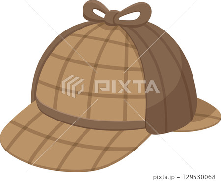 Illustration of a brown and tan plaid hat with ear flaps and bow tie detail, evoking a detective's attire. 129530068