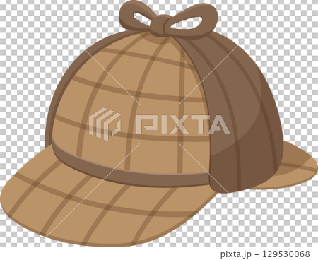 Illustration of a brown and tan plaid hat with ear flaps and bow tie detail, evoking a detective's attire. 129530068
