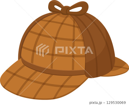 Brown tweed hat with ear flaps and a tied bow, often associated with detectives and mystery solving. 129530069