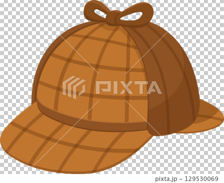 Brown tweed hat with ear flaps and a tied bow, often associated with detectives and mystery solving. 129530069
