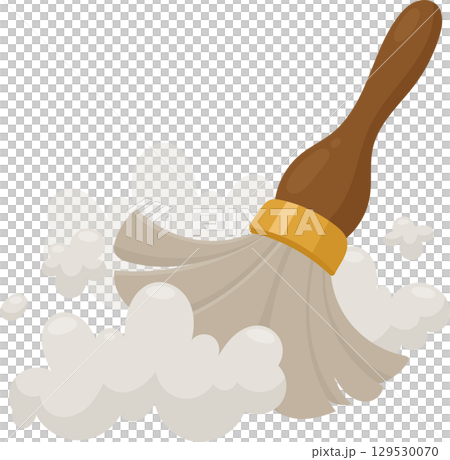 Cartoon illustration of a feather duster with dust clouds around it on a black background. 129530070