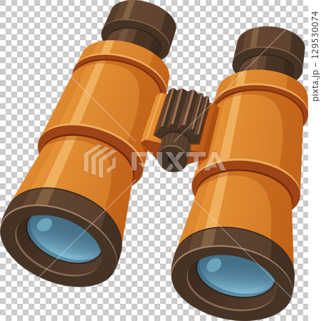 A pair of orange binoculars, with blue lenses, used for viewing objects from a distance. 129530074