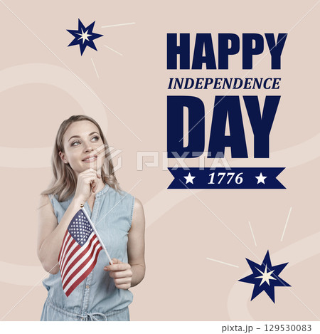 Celebration of Independence Day with a young woman holding a flag on a festive background 129530083